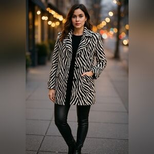 Zebra Animal Print Three  Button Front Blazer Jacket Coat Black White Size 2